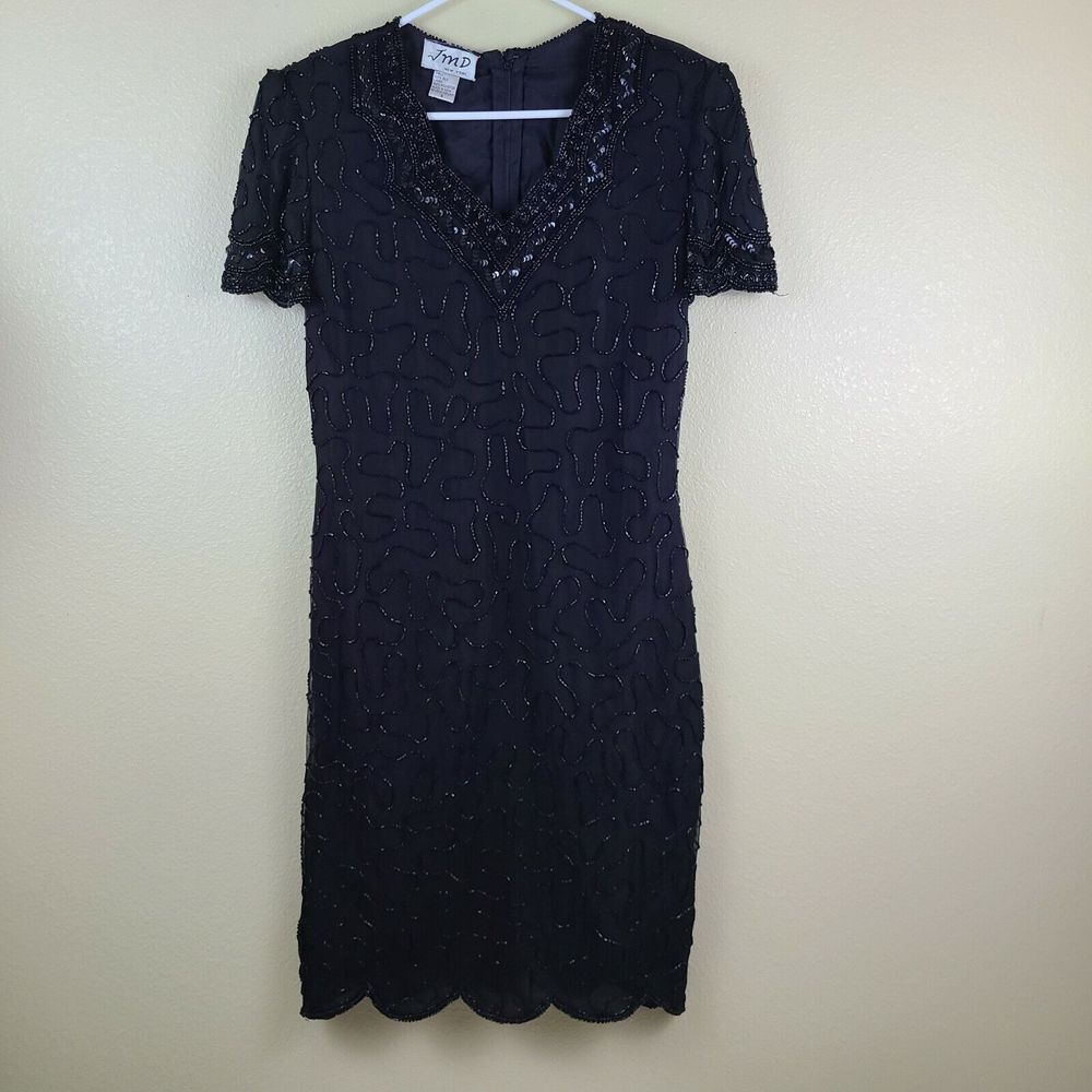 JMD New York Womens Size Small Sequin Dress‎ Black 100% Silk Vintage